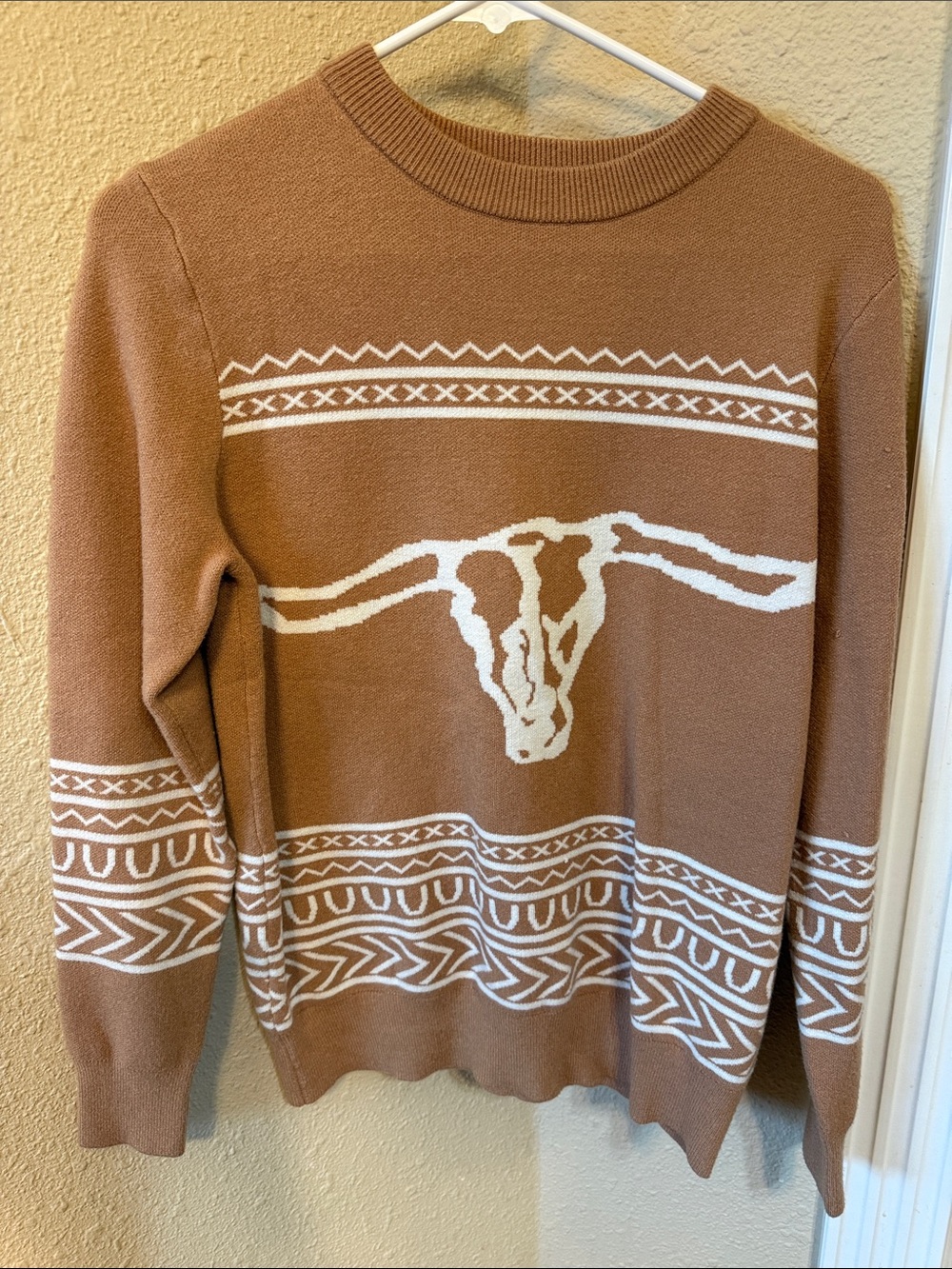 SHEIN Brown Crewneck Sweater with White Longhorn Motif